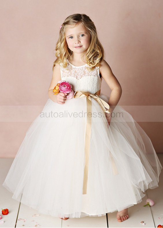 Ivory Lace Tulle Fancy Flower Girl Dress With Champagne Mercerized Sash